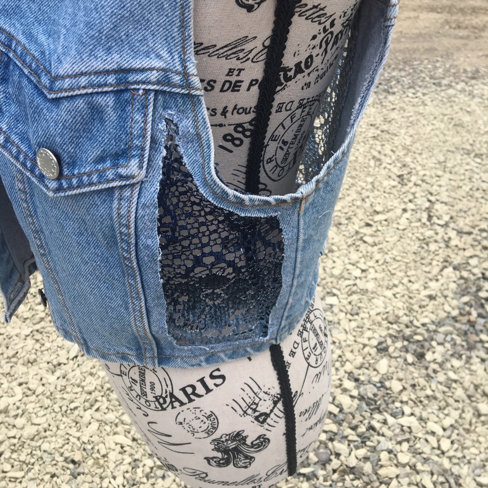 Up-cycled women’s vest with lace inserts